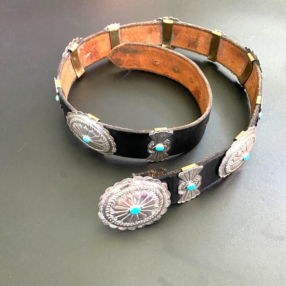 LF DESIGNS 1970s Sterling Silver and Turquoise Concho Black Leather Belt Buckle